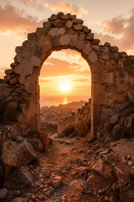Redemption Sunrise Through Broken Stone Archway