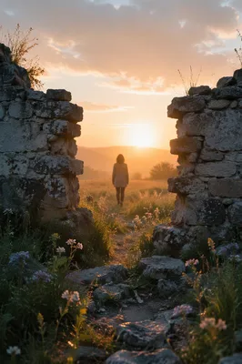 Redemption Sunrise Through Broken Stone Wall