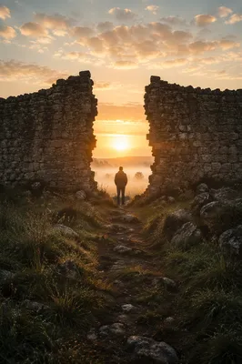 Redemption Sunrise Through Broken Stone Wall