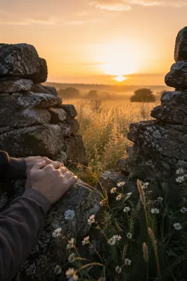 Redemption Sunrise Through Broken Stone Wall