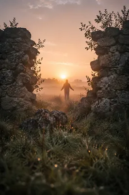 Redemption Sunrise Through Broken Stone Wall