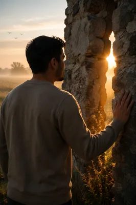 Sunrise Through Cracked Stone Wall