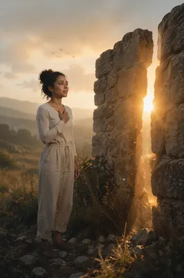 Woman by Split Stone Wall at Sunrise