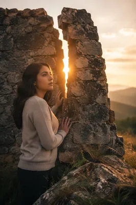 Woman by Broken Stone Wall at Dawn