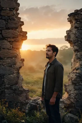 Young Man by Broken Stone Wall