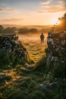Redemption Sunrise Beyond a Broken Stone Wall