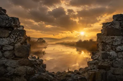 Redemption Sunrise Beyond Broken Stone Wall