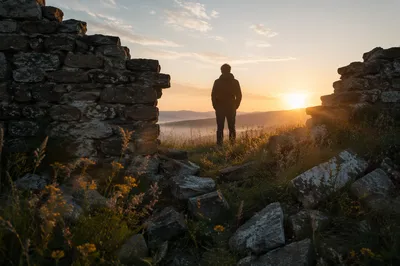 Redemption Sunrise Beyond a Broken Stone Wall