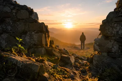 Redemption Sunrise Through Broken Stone Wall