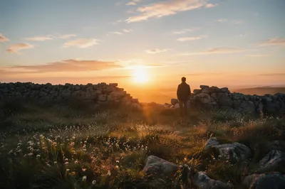 Redemption Sunrise Through a Broken Stone Wall