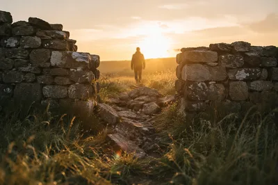 Redemption Sunrise Beyond a Broken Stone Wall