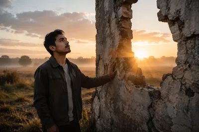 Young Man by Broken Wall at Sunrise