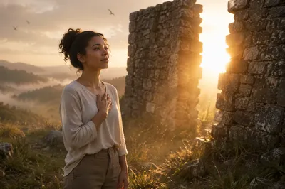 Woman by Split Stone Wall at Sunrise