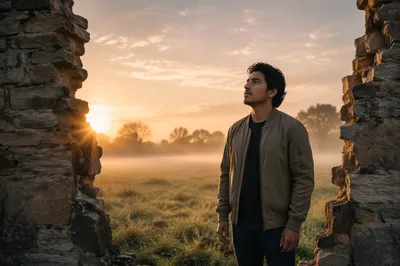 Young Man by Broken Wall at Sunrise