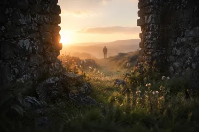 Redemption Sunrise Through a Broken Stone Wall