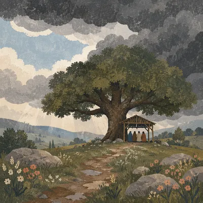 Refuge Beneath Ancient Oak in Storm