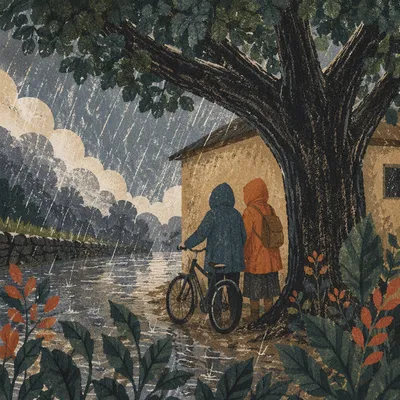 Refuge Under Oak Tree in Storm