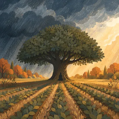 Refuge Beneath a Stormy Oak Tree
