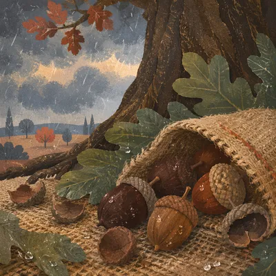 Acorns Sheltered Beneath Stormy Oak Leaves