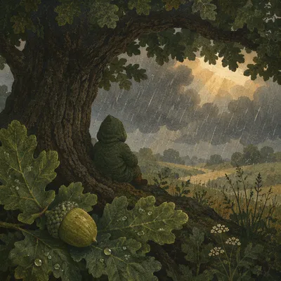 Refuge Beneath Great Oak in Storm