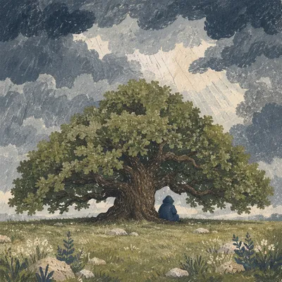 Refuge Beneath Oak in Storm