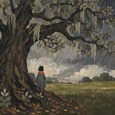 Refuge Beneath Ancient Oak in Storm