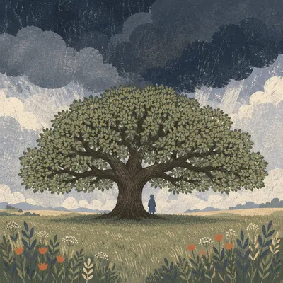 Refuge Beneath Great Oak in Storm