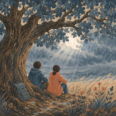 Rainy Refuge Beneath the Great Oak