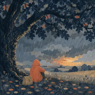 Refuge Beneath Ancient Oak in Storm