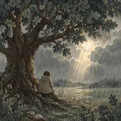 Refuge Beneath Oak During Storm