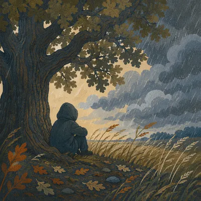 Refuge Beneath Great Oak in Storm