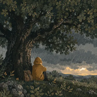 Shelter Beneath Great Oak in Storm