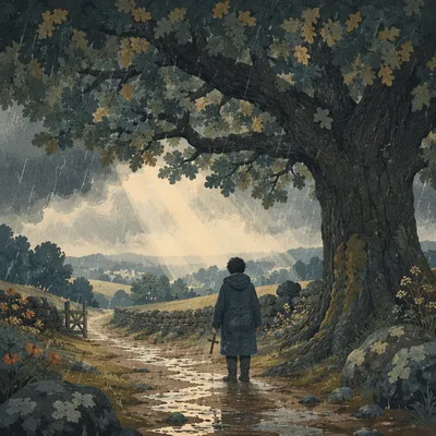 Refuge Beneath Ancient Oak in Storm