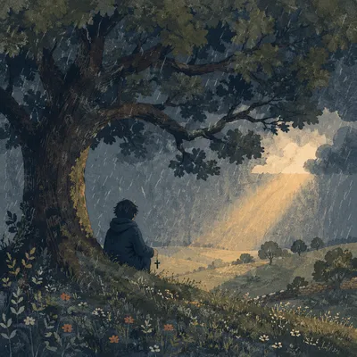 Refuge Beneath Great Oak in Storm