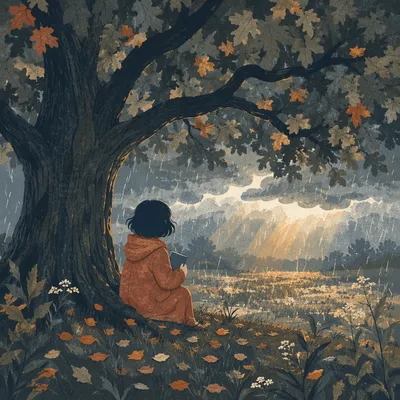 Refuge Beneath an Oak in Storm