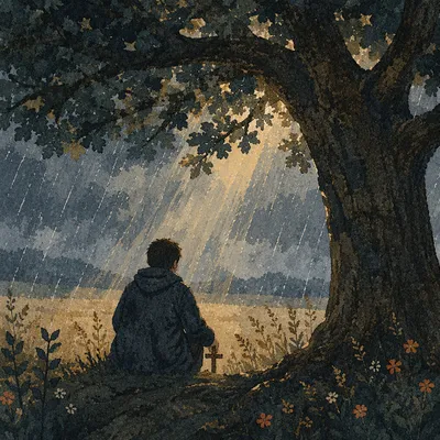 Refuge Beneath Great Oak in Storm