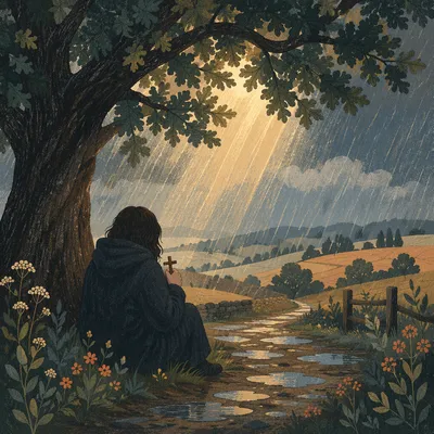 Refuge Beneath Oak in Summer Storm