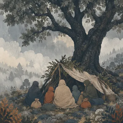 Refuge Beneath Ancient Oak in Storm