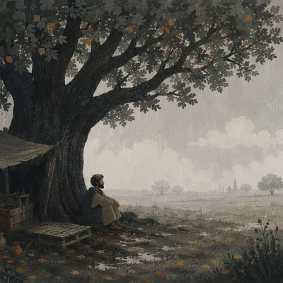Shelter Beneath an Ancient Oak in Storm
