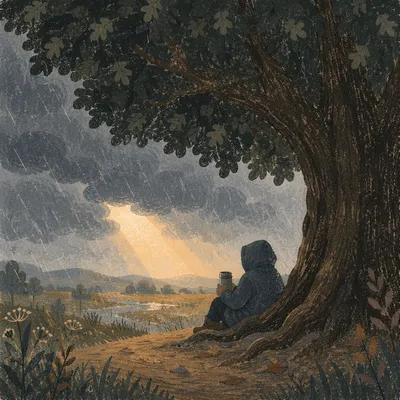 Traveler Sheltered Beneath Stormy Oak