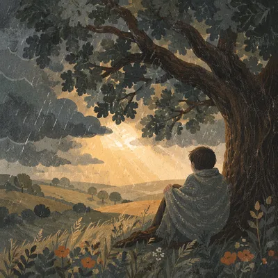 Refuge Beneath Oak in Passing Storm