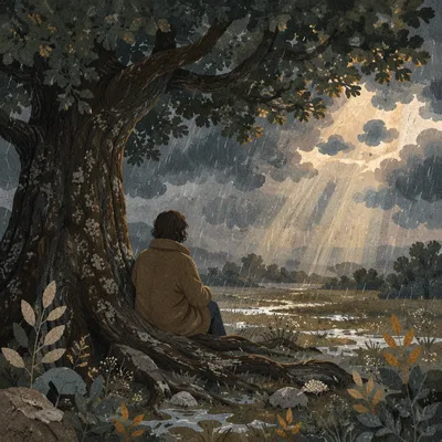 Refuge Beneath Ancient Oak in Storm