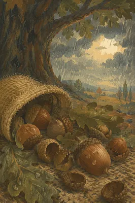 Acorns Sheltered Beneath Stormy Oak Leaves