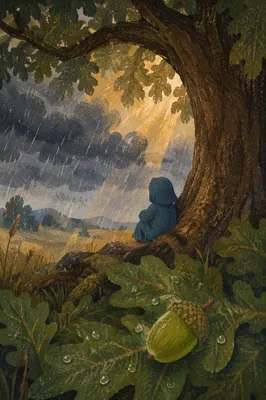 Refuge Beneath Great Oak in Storm