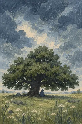 Refuge Beneath a Stormy Oak Tree