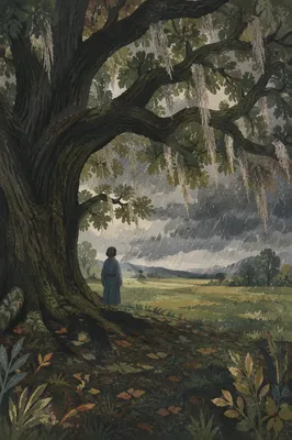 Refuge Beneath Ancient Oak in Storm