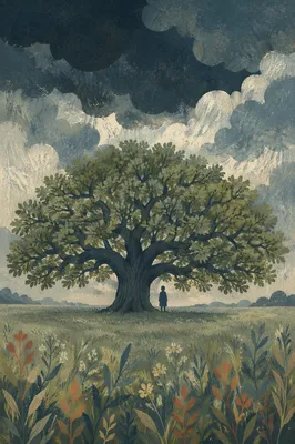 Refuge Beneath Great Oak in Storm