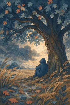 Shelter Beneath Oak Tree in Storm