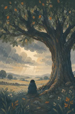 Refuge Beneath Great Oak in Storm