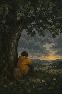 Refuge Beneath Great Oak in Storm